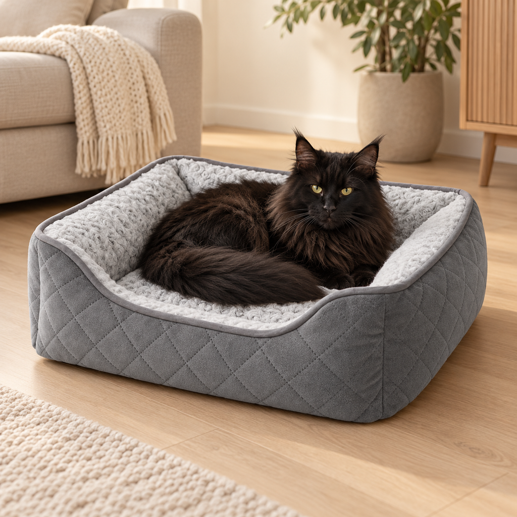 Black Maine Coon curled inside the Silver Velvet Nest grey plush cat bed
