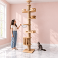 Floor-to-Ceiling Cat Tree – The Feline Sovereign Spire with a smoky grey Maine Coon in a pale pink room