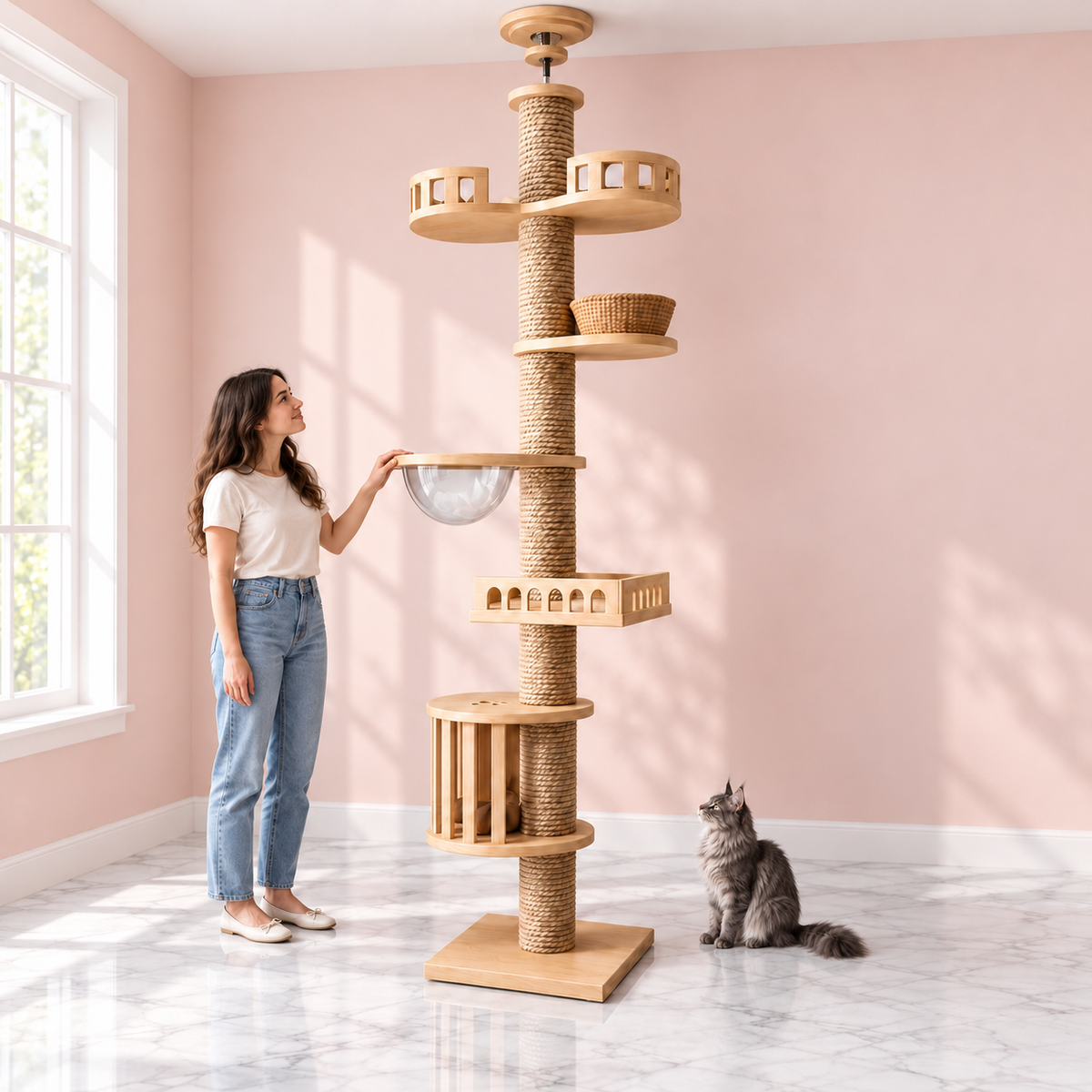 Floor-to-Ceiling Cat Tree – The Feline Sovereign Spire with a smoky grey Maine Coon in a pale pink room