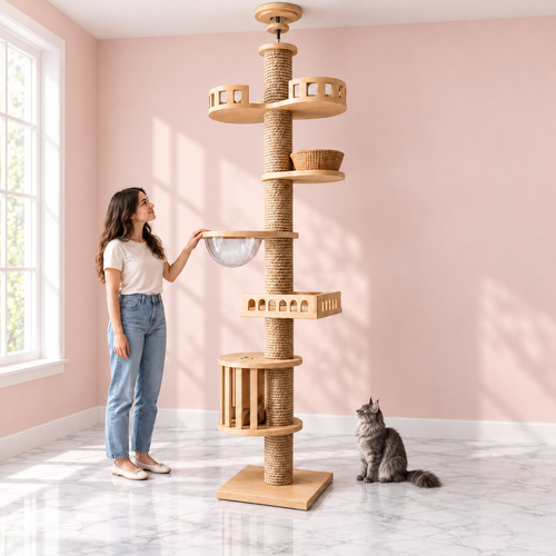 Floor-to-Ceiling Cat Tree – The Feline Sovereign Spire with a smoky grey Maine Coon in a pale pink room