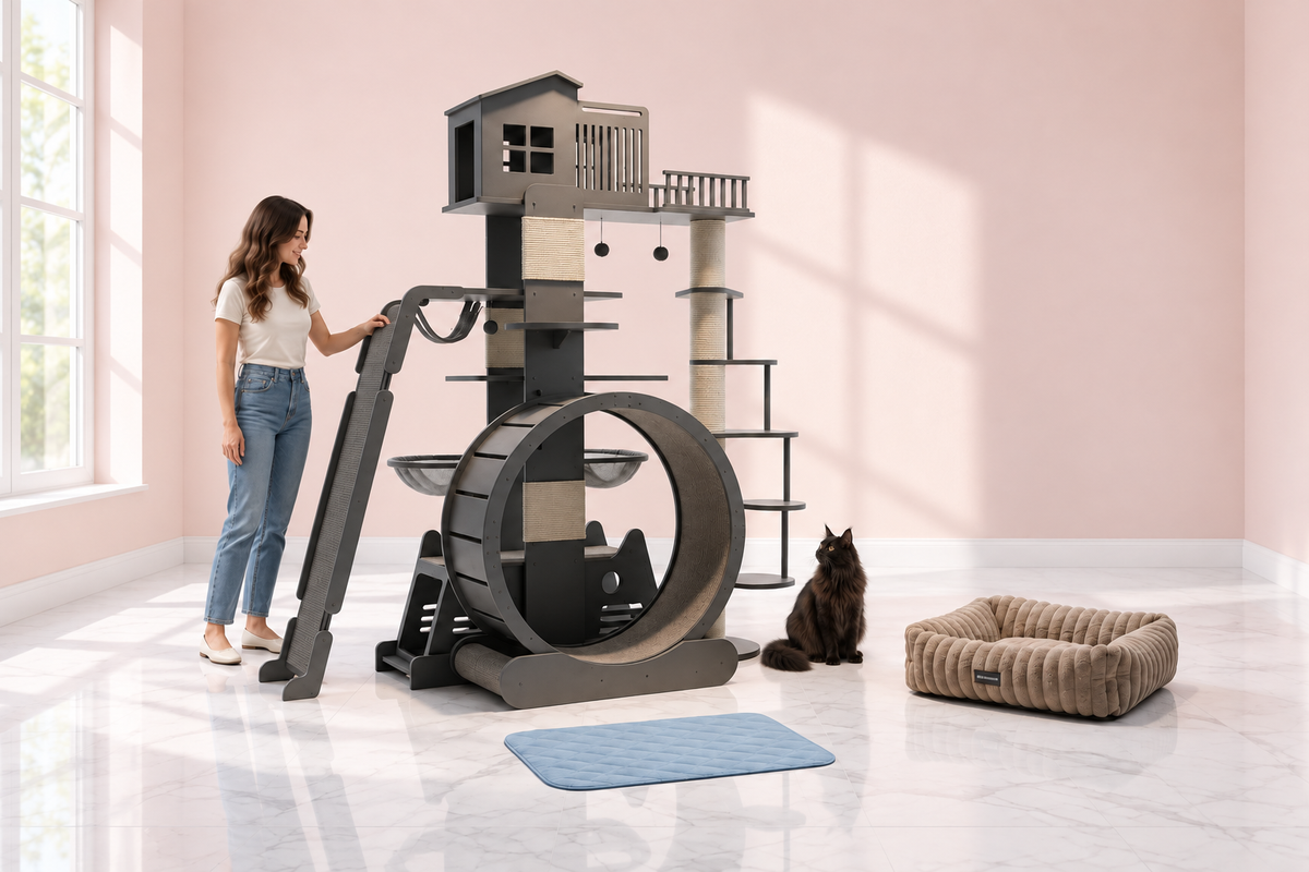 Cat Tree, Bed & Mat Bundle – The Highland Retreat & Lounge Bundle with a black Maine Coon in a pale pink room