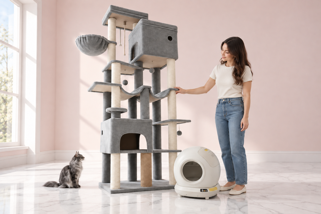 Cat Tree & Self-Cleaning Litter Tray Bundle – The Tower & Litter Bundle with a smoky grey Maine Coon in a pale pink room