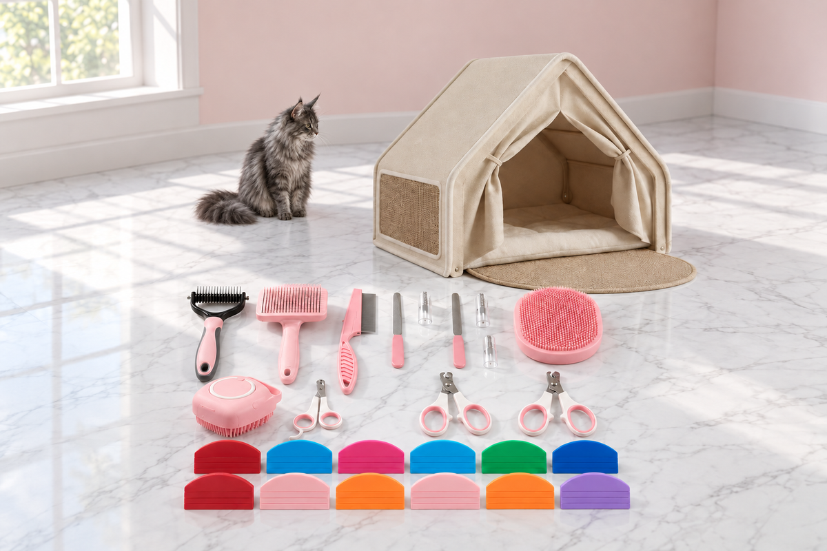 Cat Grooming, Feeding & Hideaway Bundle – The Ultimate Maine Coon Gift Set with a smoky grey Maine Coon in a pale pink room