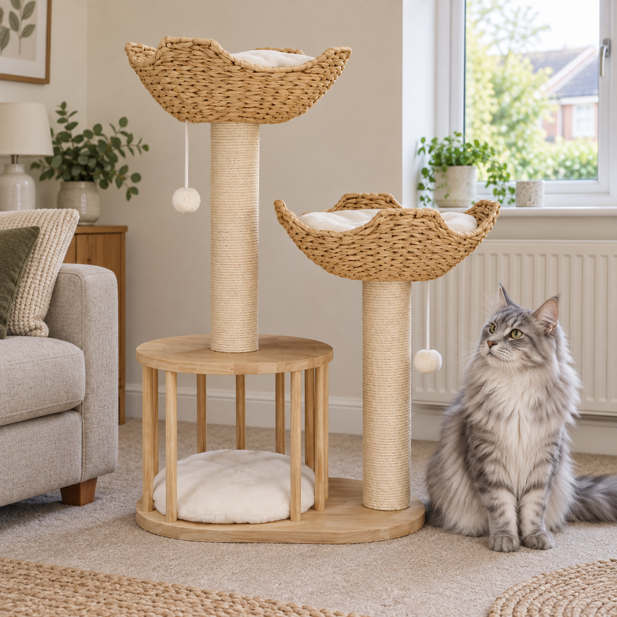 Willow Nook cat tower beside a silver Maine Coon in a UK living room