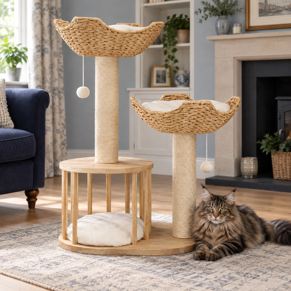 Willow Nook cat tower with brown tabby Maine Coon in a British terraced home