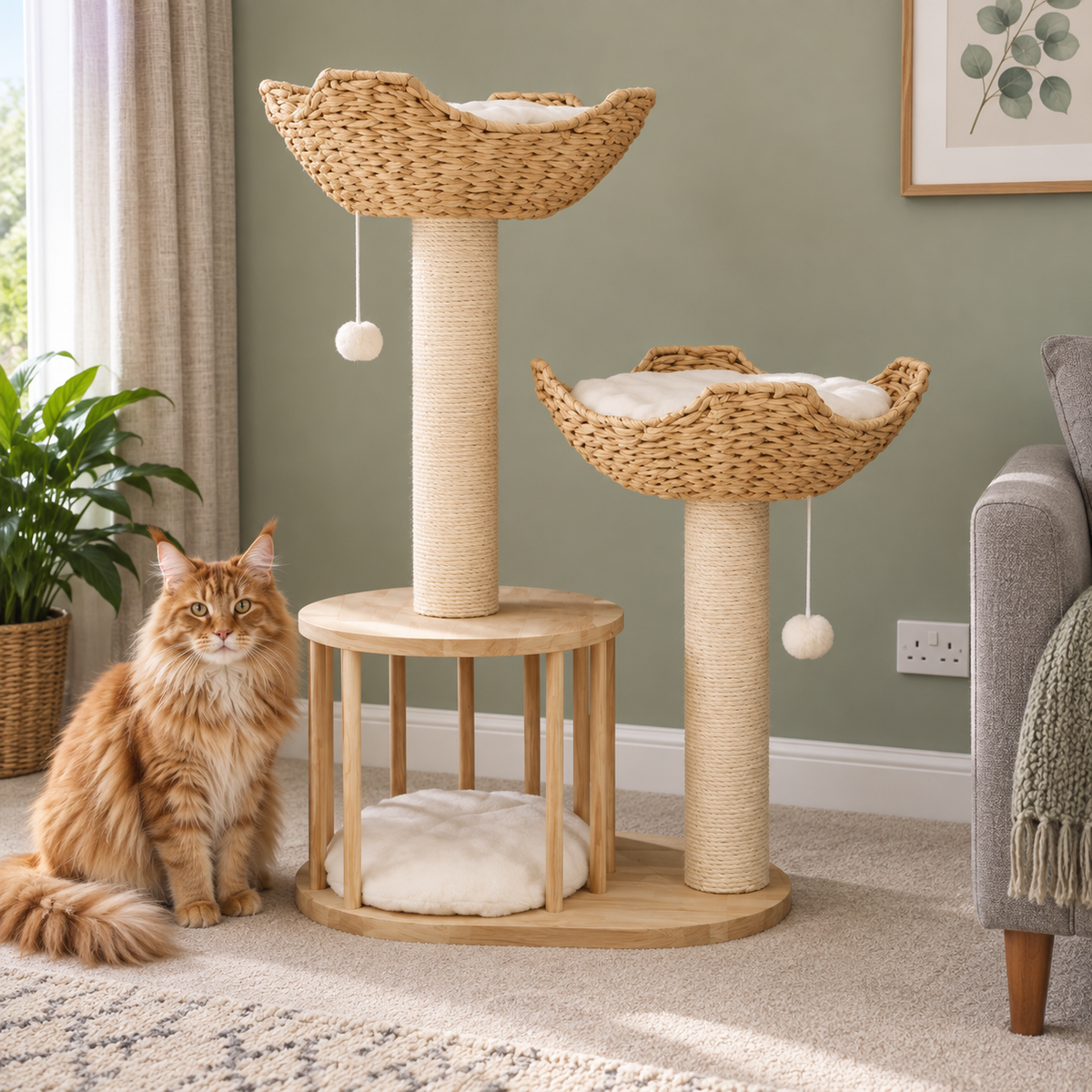 Willow Nook cat tower with ginger Maine Coon in a sage UK living room