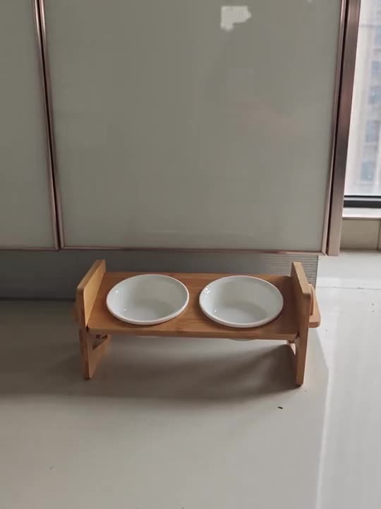 Kitty Buffet — Elevated Bamboo Cat Bowl Stand with Ceramic Bowls at home